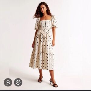 Abercrombie and Fitch Emerson Puff Sleeve Midi Dress - White with Black Dots SP